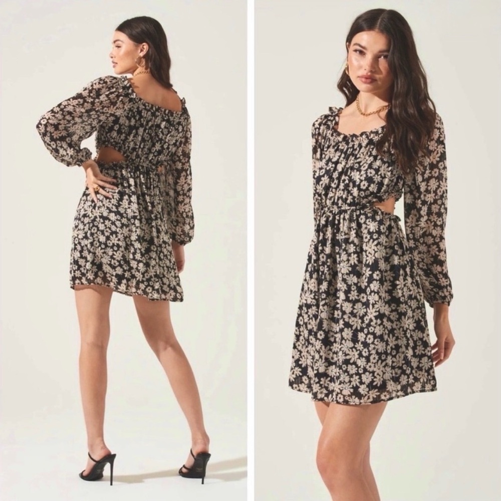 Astr The Label Floral Black and Beige Long Sleeve Cutout Women's Dress Size XS